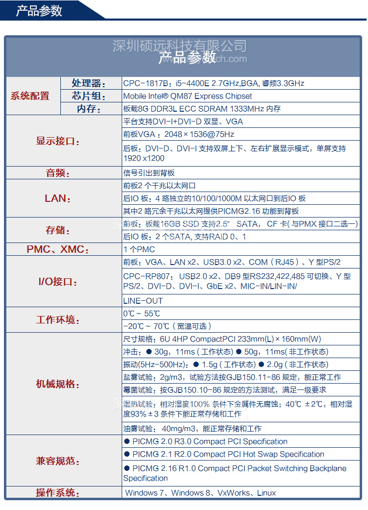 研祥6U COMPACT PCI INTEL 第四代 I7/I5 高性能計算機(jī)CPC-1817B