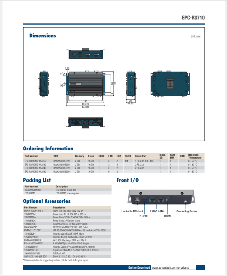 研華EPC-R3710 Rockchip RK3399 Cortex-A72 UIO40-Express Edge AI 工控整機， 4K display， 2xLan，