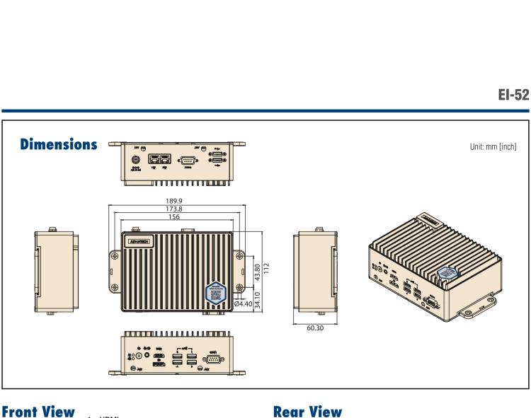 研華EI-52 研華EI-52，邊緣計(jì)算系統(tǒng)，支持 Intel 11th gen CPU，可選 Core i5 /i3 /Celeron 處理器，具備豐富擴(kuò)展接口 2 x LAN，2 x COM，6 x USB等，內(nèi)部可以通過 miniPCIe 或 M.2 擴(kuò)展AI加速卡實(shí)現(xiàn)工業(yè)AI機(jī)器視覺，搭載5G通訊模塊。