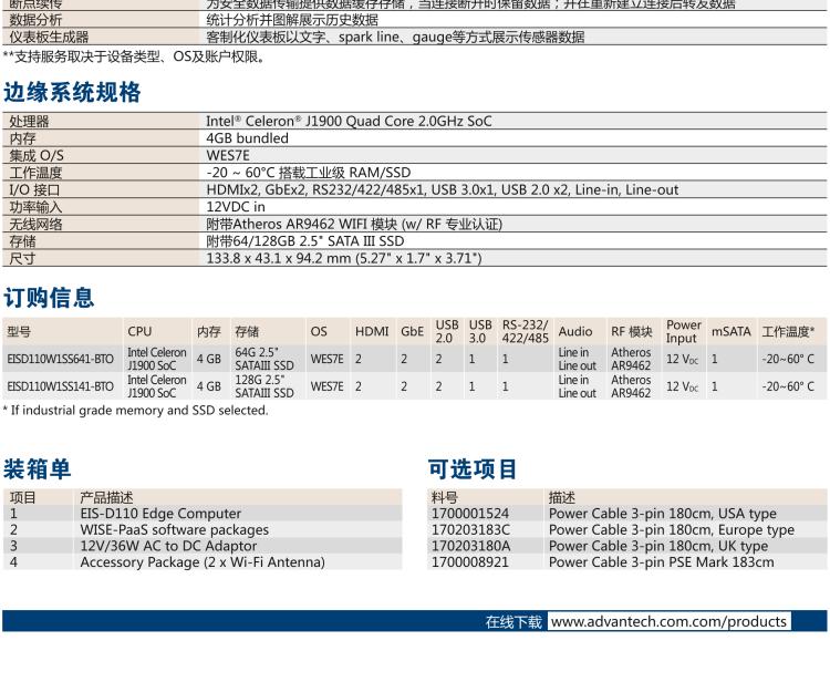 研華EIS-D110 研華EIS-D110，邊緣計算系統(tǒng)網(wǎng)關，Intel Celeron J1900 Quad Core 2.0 GHz SoC，最高支持 8 GB內(nèi)存，低功耗邊緣智能設備，具備豐富擴展接口 2 x LAN，1 x COM，3 x USB，2 x HDMI等，搭配 Wifi 或 4G 模塊。