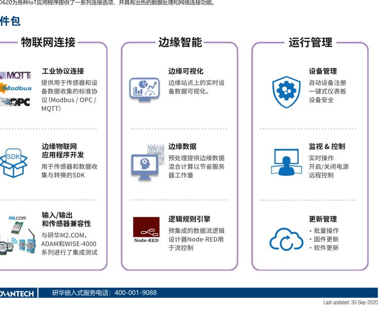 研華EIS-D620 研華EIS-D620，邊緣計(jì)算系統(tǒng)網(wǎng)關(guān)，基于Rockchip RK3399處理器，板載2GB內(nèi)存，16GB eMMC 存儲(chǔ)，低功耗邊緣智能設(shè)備，具備豐富擴(kuò)展接口 2 x LAN，1 x COM，1 x USB，2 x HDMI等，體積非常小巧，適用于邊緣設(shè)備控制及數(shù)據(jù)采集等應(yīng)用場(chǎng)景。