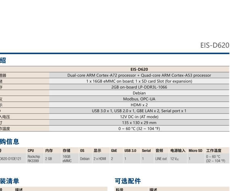 研華EIS-D620 研華EIS-D620，邊緣計(jì)算系統(tǒng)網(wǎng)關(guān)，基于Rockchip RK3399處理器，板載2GB內(nèi)存，16GB eMMC 存儲(chǔ)，低功耗邊緣智能設(shè)備，具備豐富擴(kuò)展接口 2 x LAN，1 x COM，1 x USB，2 x HDMI等，體積非常小巧，適用于邊緣設(shè)備控制及數(shù)據(jù)采集等應(yīng)用場(chǎng)景。