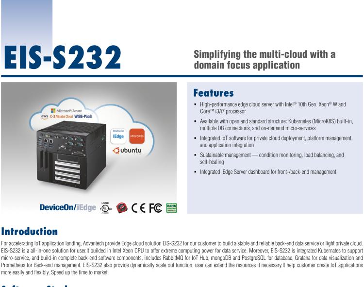 研華EIS-S232 研華 EIS-S232，邊緣計(jì)算系統(tǒng)服務(wù)器，支持Intel 第十代處理器，可選i3/i5/i7 Xeon CPU，DDR4 最高32GB，最多可支持4 x 2.5寸硬盤，具備豐富擴(kuò)展接口 2 x LAN，6 x COM，8 x USB，1 x PCIE，2 x PCI。產(chǎn)品生命周期長，穩(wěn)定可靠。