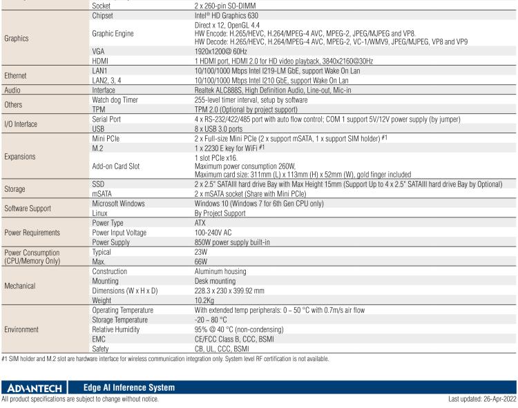 研華AIR-300 支持Intel Xeon / 6/7代Core?i3/i5/i7處理器，AI計算平臺，可擴展 PCIe x16 GPU全尺寸卡