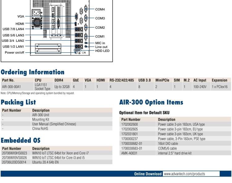 研華AIR-300 支持Intel Xeon / 6/7代Core?i3/i5/i7處理器，AI計算平臺，可擴展 PCIe x16 GPU全尺寸卡