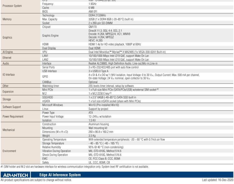 研華AIR-200 基于Intel Core i5-6442EQ處理器，AI計(jì)算平臺(tái)，內(nèi)置Myriad X VPU * 2