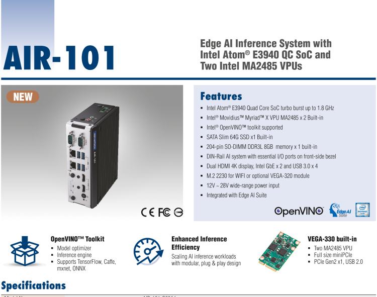 研華AIR-101 基于Intel Atom E3940處理器，AI計算平臺，內(nèi)置Myriad X VPU * 2