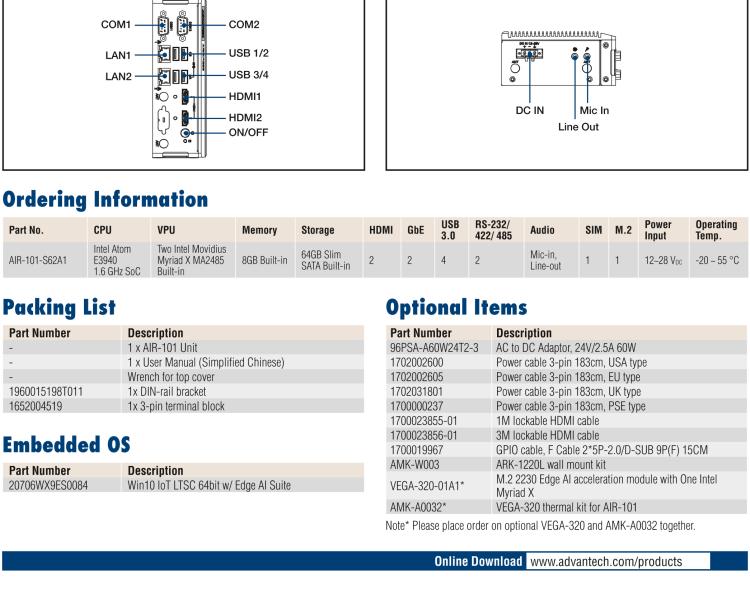 研華AIR-101 基于Intel Atom E3940處理器，AI計算平臺，內(nèi)置Myriad X VPU * 2