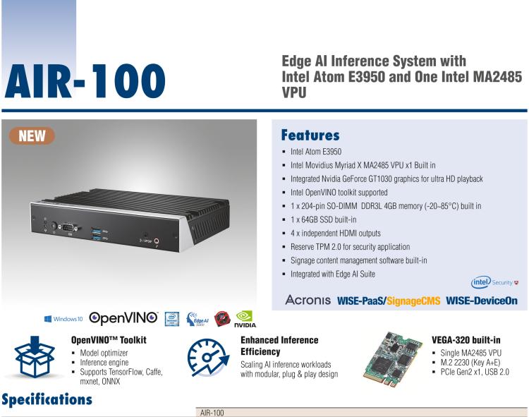 研華AIR-100 基于Intel Atom E3950處理器，AI計算平臺，內(nèi)置Myriad X VPU * 1