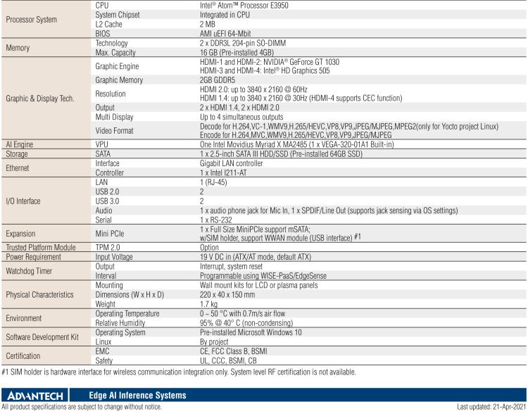 研華AIR-100 基于Intel Atom E3950處理器，AI計算平臺，內(nèi)置Myriad X VPU * 1