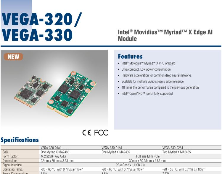 研華VEGA-330 基于Intel Movidius? Myriad? X VPU，miniPCIe Edge AI 模塊，VPU*2