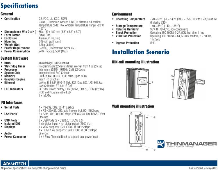 研華ESRP-CMS-UNO1372GH ThinManager Ready Explosion-Proof DIN-Rail Thin Client with Intel? Atom? E3845