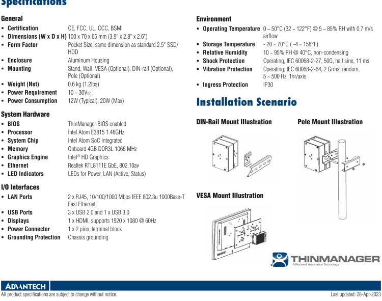 研華ESRP-CMS-UNO2271 ThinManager Ready Pocket-Size Edge IoT Thin Client with Intel? Atom? E3825