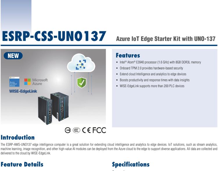 研華ESRP-CSS-UNO137 Intel? Atom? E3940 Small-Size Integrated DIN-Rail IPC with Azure IoT Edge and WISE-EdgeLink