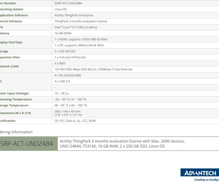 研華ESRP-ACT-UNO2484 Embedded automation computer with a preinstalled version of Actility ThingPark Enterpirse