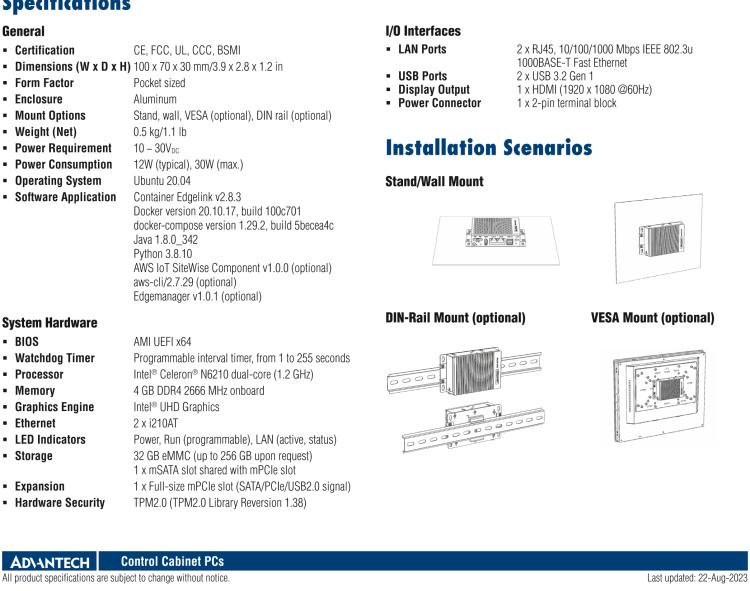 研華ESRP-AWS-U2271V2 Pocket-Size Edge IoT Gateway with Intel? Celeron?N6210 with AWS IoT Greengrass and EdgeLink Container Version