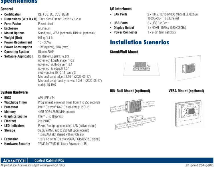 研華ESRP-CSS-U2271V2 Pocket-Size Edge IoT Gateway with Intel? Celeron? N6210 with Azure IoT Edge and EdgeLink Container Version