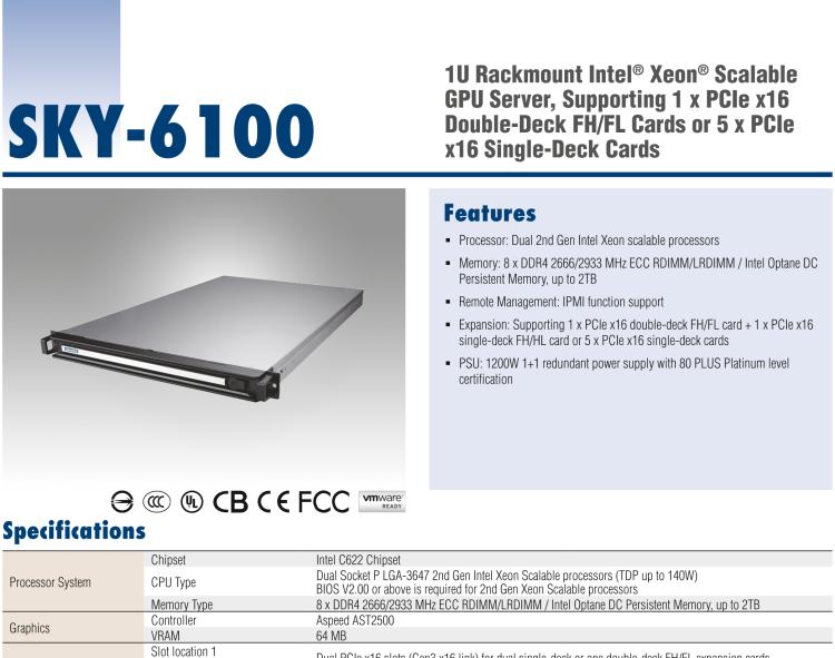 研華SKY-6100 1U 機(jī)架式雙 Intel? Xeon? Scalable GPU 服務(wù)器, 支持 1 x PCIe x16 雙層FH/FL卡或5 x PCIe x16單層FH/HL卡