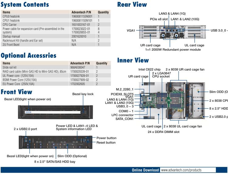 研華SKY-6200 2U 機架式 GPU 服務器,搭載Intel? Xeon?Scalable 處理器 支持4 x PCIe x16 雙層FH/FL卡或者8 x PCIe x8 單層 FH/FL卡