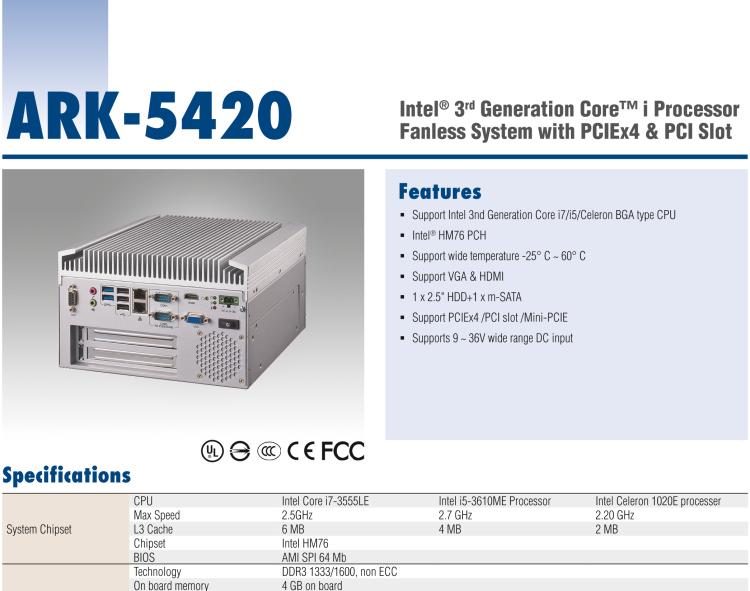 研華ARK-5420 Intel? 第三代 Core? i 處理器無風(fēng)扇嵌入式工控機(jī)，支持 PCIEx4 & PCI