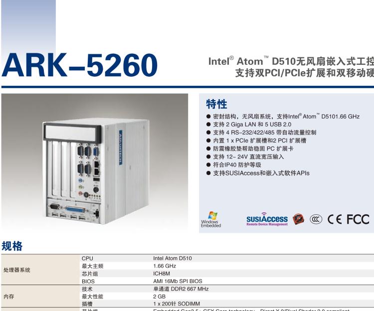 研華ARK-5260 Intel?Atom?D510無風扇嵌入式工控機，支持雙PCI/PCIe擴展和雙移動硬盤