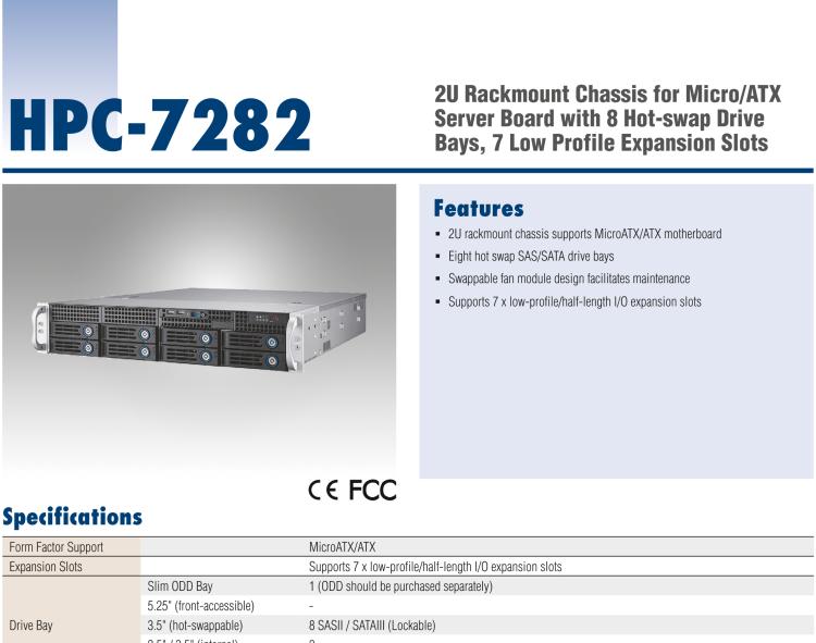 研華HPC-7282 2U 機(jī)架式機(jī)箱，適用于 Micro/ATX 服務(wù)器主板，支持8個(gè)2.5寸/3.5寸熱插拔硬盤，7個(gè)半高擴(kuò)展槽