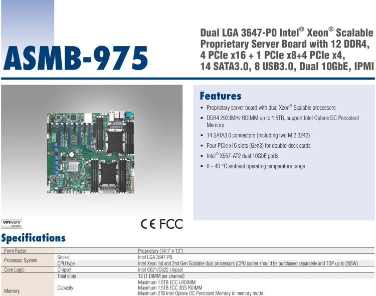 研華ASMB-975 雙路LGA3647-P0 Intel? Xeon? Scalable 服務(wù)器主板，帶12個(gè) DDR4, 4個(gè) PCIe x16 + 1個(gè) PCIe x8 + 4 個(gè)PCIx4, 14 個(gè) SATA3, 8 個(gè)USB3.0, Dual 10GbE, IPMI