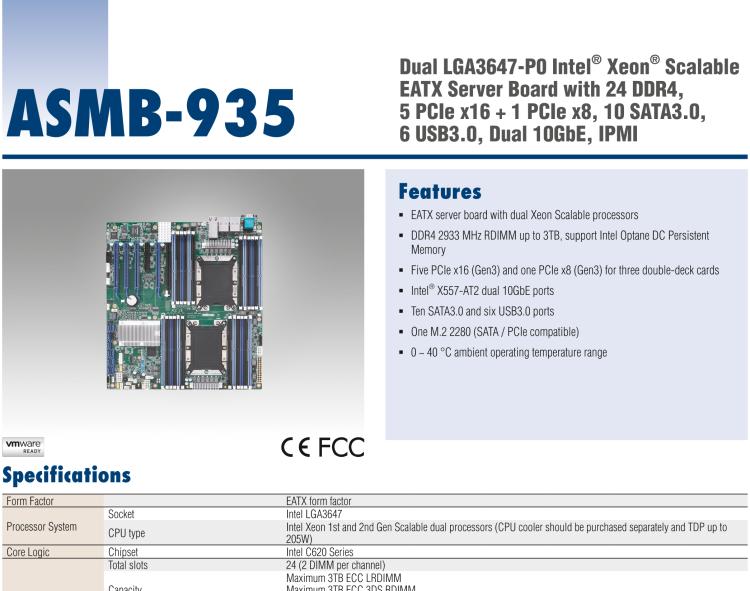 研華ASMB-935 Dual LGA3647-P0 Intel? Xeon? Scalable EATX Server Board with 24 DDR4, 5 PCIe x16 + 1 PCIe x8, 10 SATA3.0, 6 USB3.0, Dual 10GbE, IPMI