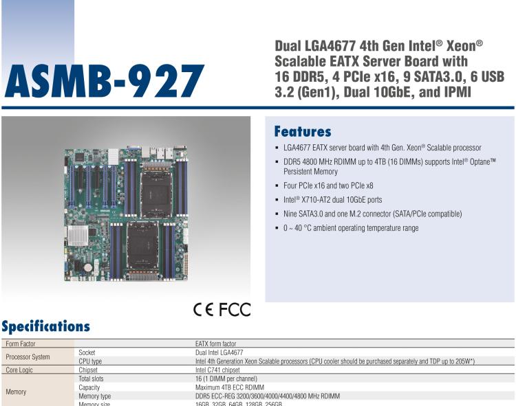 研華ASMB-927 Dual LGA4677 4th Gen Intel? Xeon? Scalable EATX Server Board with 16 DDR5, 4 PCIe x16, 9 SATA3.0, 6 USB 3.2 (Gen1), Dual 10GbE, and IPMI