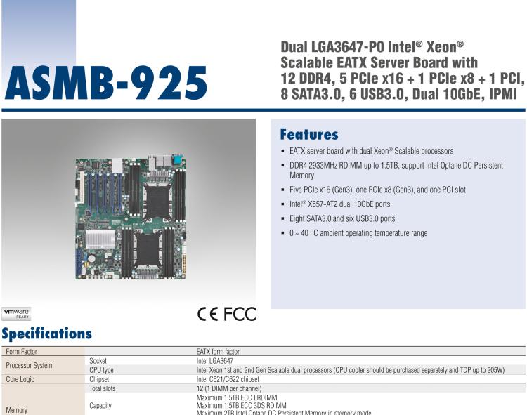 研華ASMB-925 雙路 LGA3647-P0 Intel? Xeon? Scalable EATX 服務(wù)器主板，帶12個(gè) DDR4，5個(gè) PCIe x16 + 1個(gè) PCIe x8 + 1 個(gè)PCI, 8個(gè) SATA3, 6 個(gè)USB3.0, Dual 10GbE, IPMI