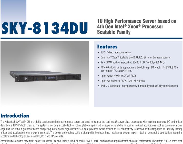 研華SKY-8134DU 1U High Performance Server based on 4th Gen Intel? Xeon? Processor Scalable Family