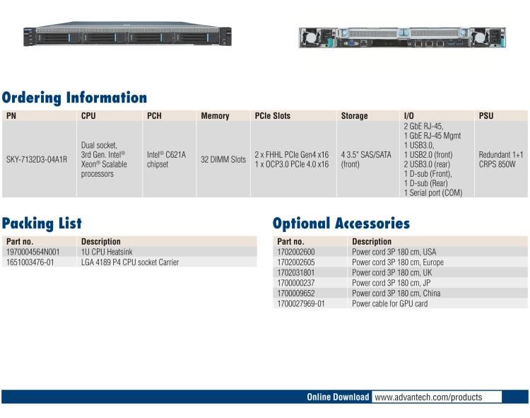 研華SKY-7132D 1U High Performance Rackmount Server with 3rd Gen. Intel? Xeon? Scalable processors