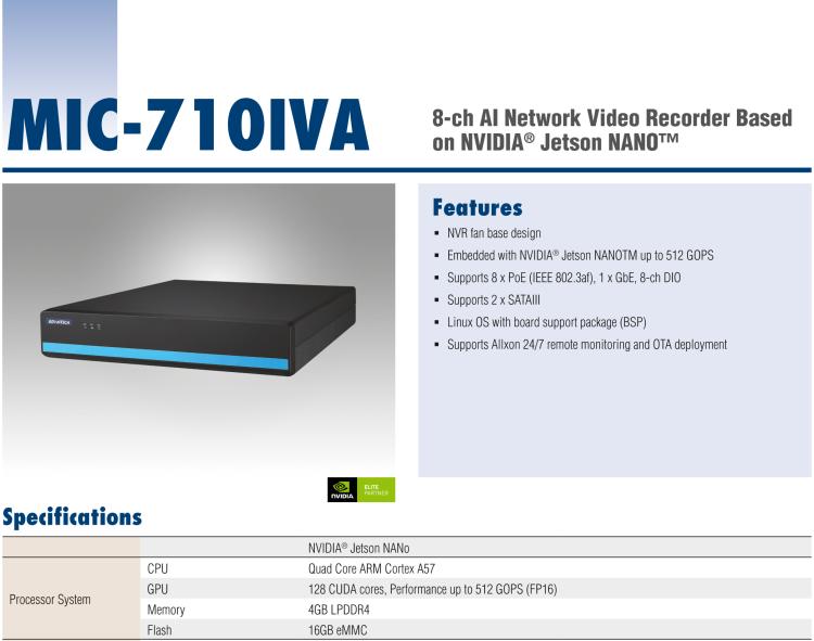 研華MIC-710IVA 基于 NVIDIA? Jetson Nano?平臺8ch AI網(wǎng)絡視頻記錄器
