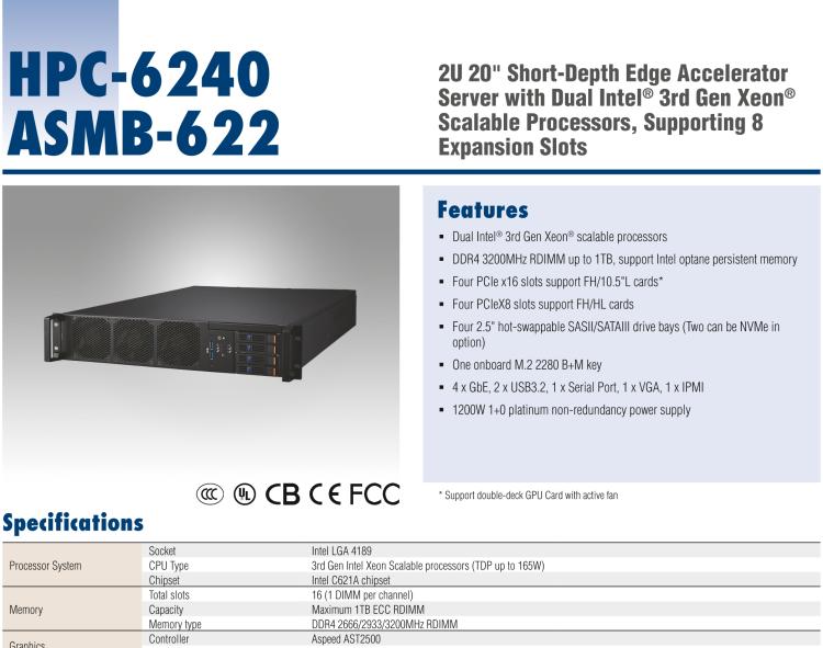 研華HPC-6240+ASMB-622 2U 20” short-depth Edge Accelerator Server with Dual Intel? 3rd Gen Xeon? Scalable processors, supporting 8 expansion slots