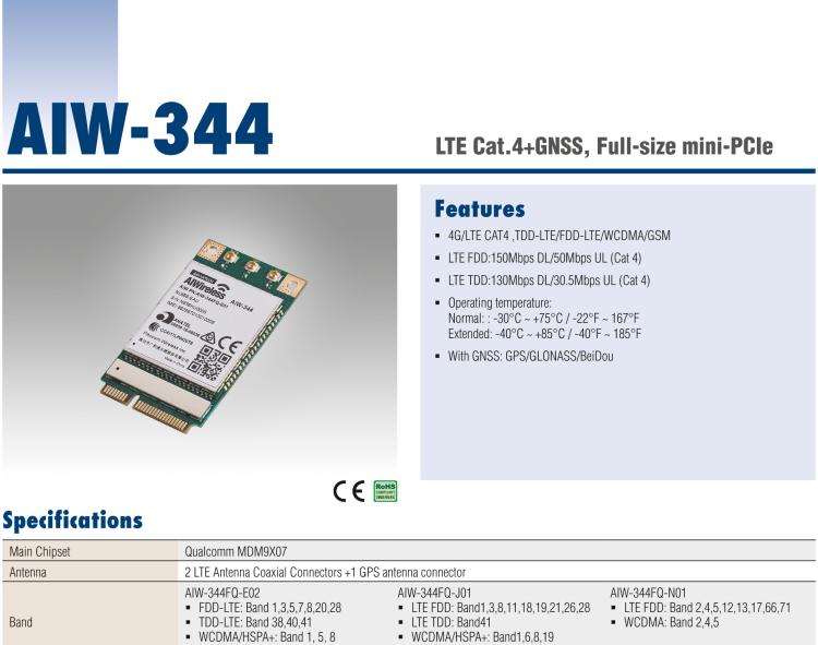 研華AIW-344 4G LTE CAT4：TDD LTE/FDD LTE/WCDMA/GSM和GPS。