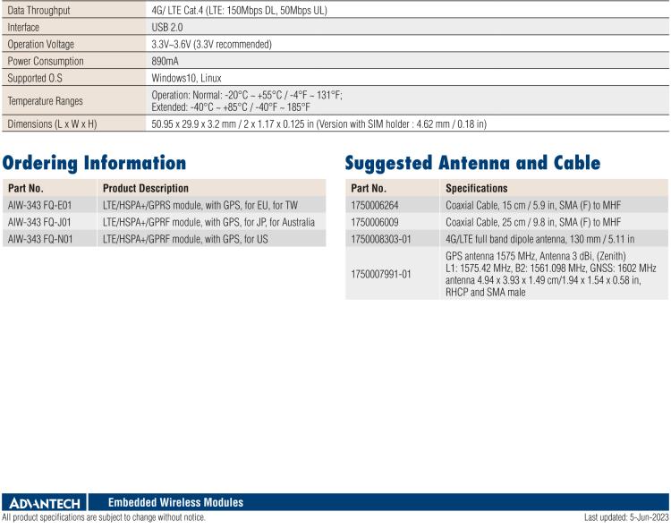 研華AIW-343 4G模組，使用MINI-PCIE規(guī)范接口，支持4G LTE CAT4：TDD LTE/FDD LTE/WCDMA/GSM和GPS。