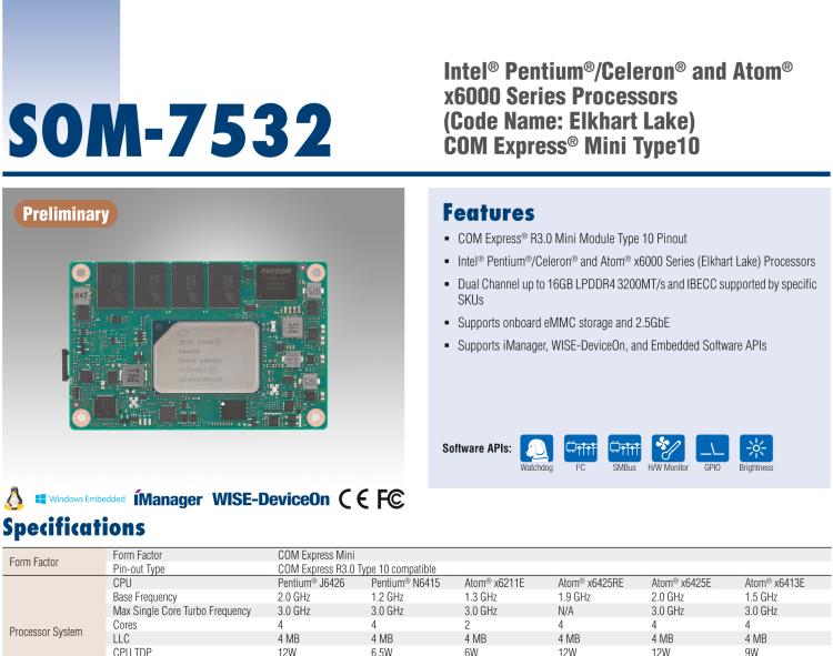 研華SOM-7532 Intel Pentium/Celeron 和 Atom x6000 系列 (Elkhart Lake) 處理器， COM Express Mini Type 10 模塊