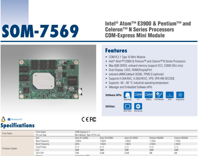 研華SOM-7569 Intel? Atom? E3900 & Pentium? 和 Celeron? N 系列處理器，COM-Express Mini 模塊