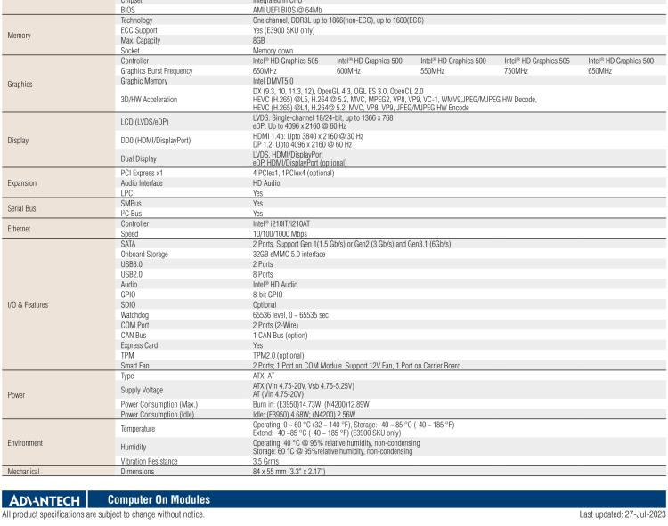 研華SOM-7569 Intel? Atom? E3900 & Pentium? 和 Celeron? N 系列處理器，COM-Express Mini 模塊