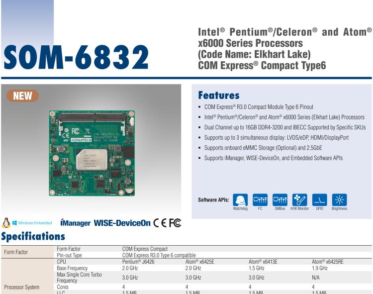 研華SOM-6832 Intel Pentium/Celeron 及 Atom x6000系列（Elkhart Lake）處理器，COM Express? Compact Type 6 模塊