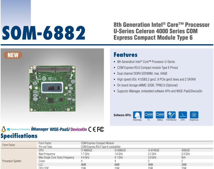 研華SOM-6882 第八代 Intel?Core 處理器，COM Express Compact R3.0 Type 6 模塊