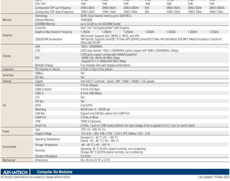 研華SOM-6883 第十一代Intel? Core?處理器U系列（代號：Tiger Lake-UP3），COM Express? Compact Type6