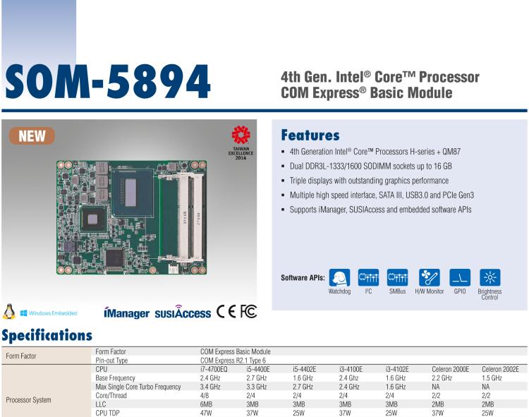 研華SOM-5894 第三代 Intel? Core?處理器， COM Express? Basic 模塊
