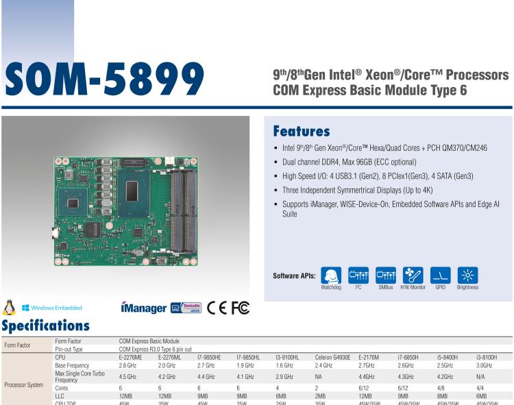 研華SOM-5899 第八代Intel Xeon/Core 處理器， COM Express Basic Type 6 模塊