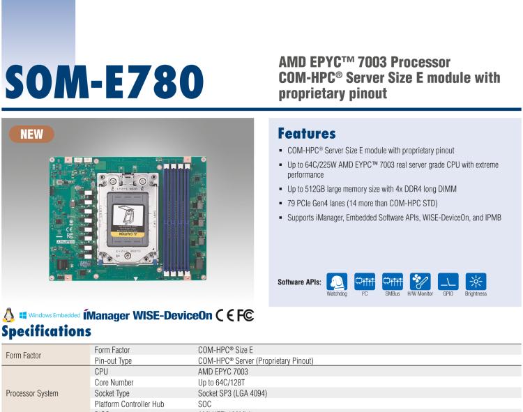 研華SOM-E780 AMD EPYC? 7003 COM-HPC? Server Size E 模塊，具有專有引腳