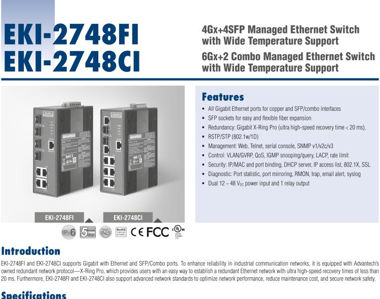 研華EKI-2748FI 4G+4G SFP 端口寬溫網(wǎng)管型工業(yè)以太網(wǎng)交換機(jī)