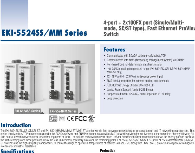 研華EKI-5524MMI 2光4電百兆ProView(組態(tài))系列工業(yè)以太網(wǎng)交換機(jī)(包含單模/多模、SC/ST接口)