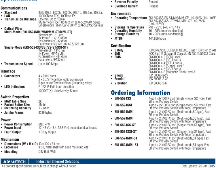 研華EKI-5524MMI 2光4電百兆ProView(組態(tài))系列工業(yè)以太網(wǎng)交換機(jī)(包含單模/多模、SC/ST接口)