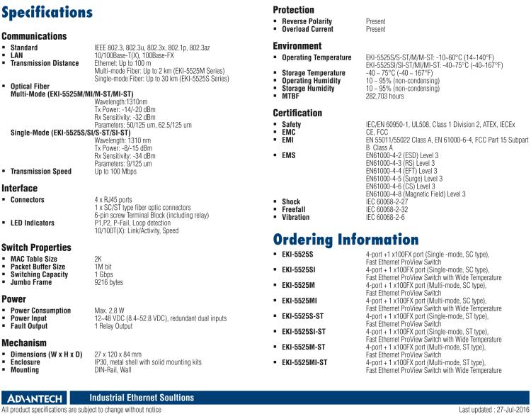 研華EKI-5525MI 1光4電百兆ProView(組態(tài))系列工業(yè)以太網(wǎng)交換機(jī)（包含單模/多模、SC/ST接口）