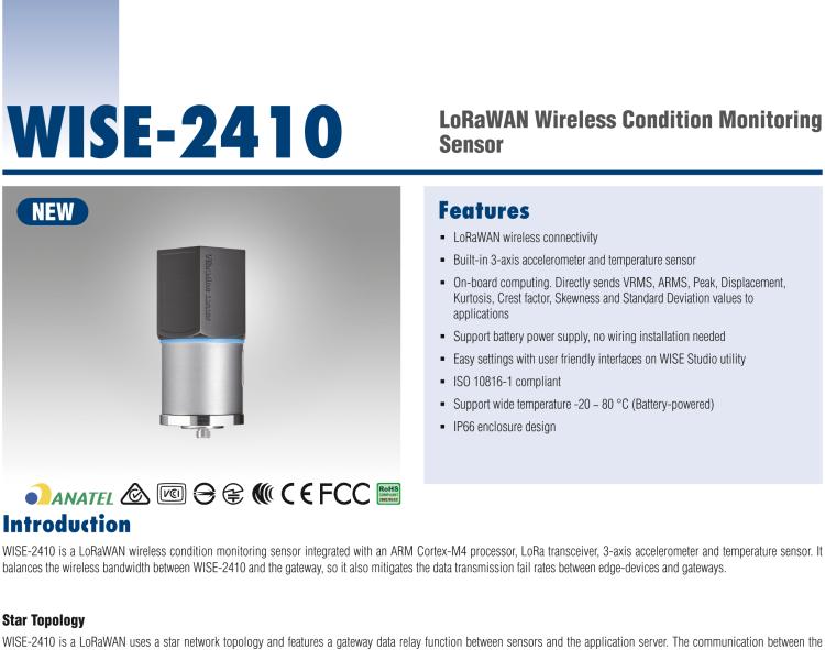 研華WISE-2410 WISE-2410是LoRaWA N無線振動溫度監(jiān)控傳感器，電池使用周期為2年。